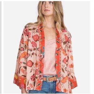 Johnny Was Floral Cropped Kimono Cardigan Floral Ramie Boho M $215 NWT
